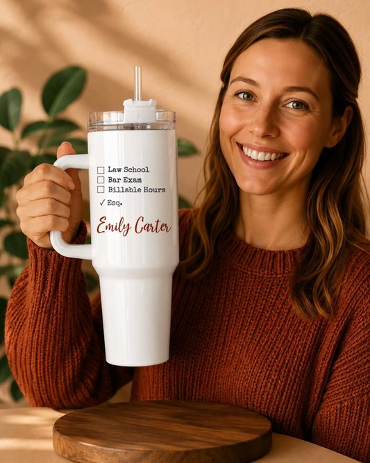 The attorney is showing her lawyer tumbler 