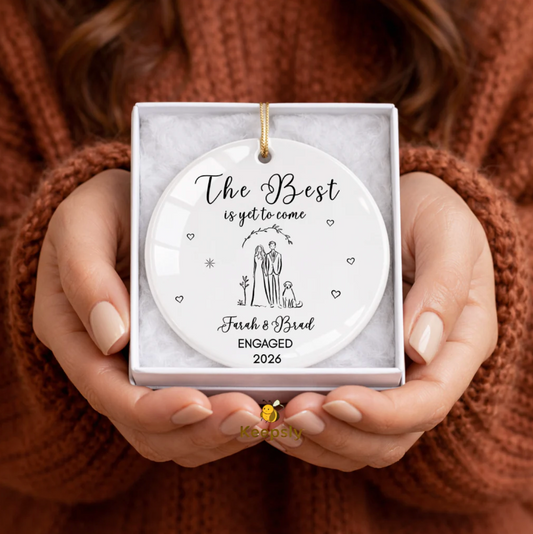 Engagement Ceramic Ornament • Personalized Couple & Dog Keepsake