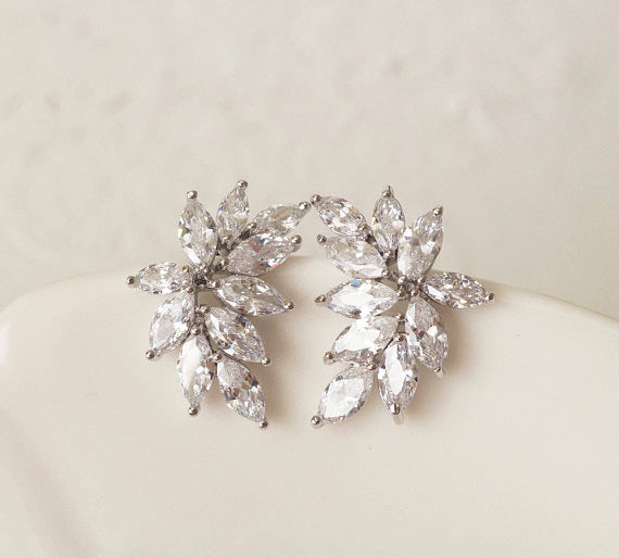 bridal crystal leaf stud earrings, cubic zirconia wedding earrings