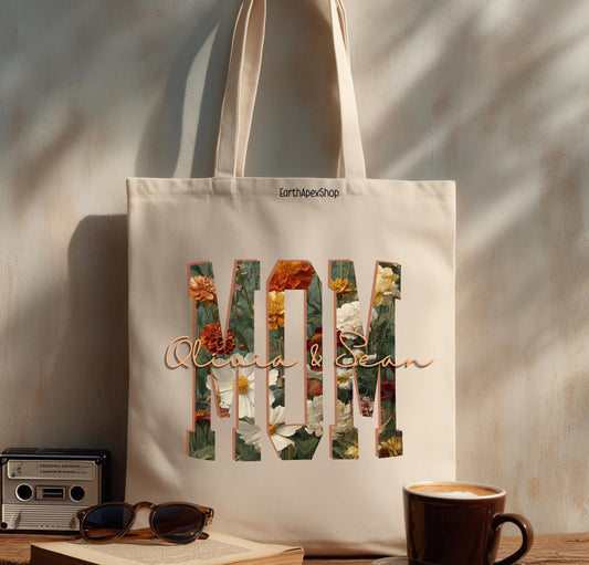 Personalized floral graphic with kids names canvas tote bag for Mother's Day