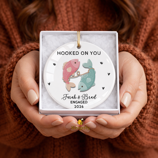 Personalized Fishing Engagement Ceramic Ornament, Hooked on You