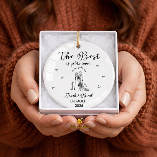 Engagement Ornament • Personalized Couple & Dog Keepsake • Custom Names & Year • Newly Engaged Gift