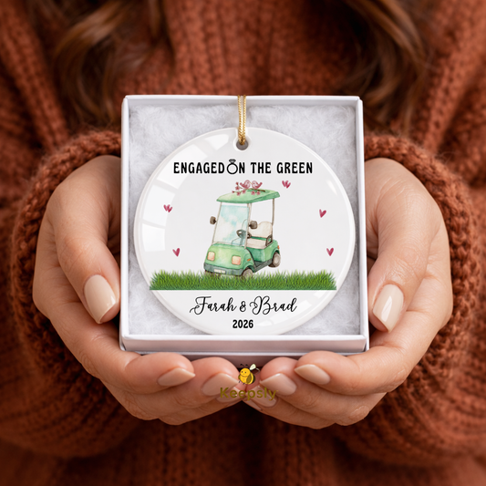 Engaged on the Green Golf Cart Ceramic Ornament — Personalized