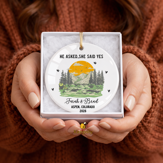 He Asked, She Said Yes — Personalized Hiking Engagement Ceramic Ornament