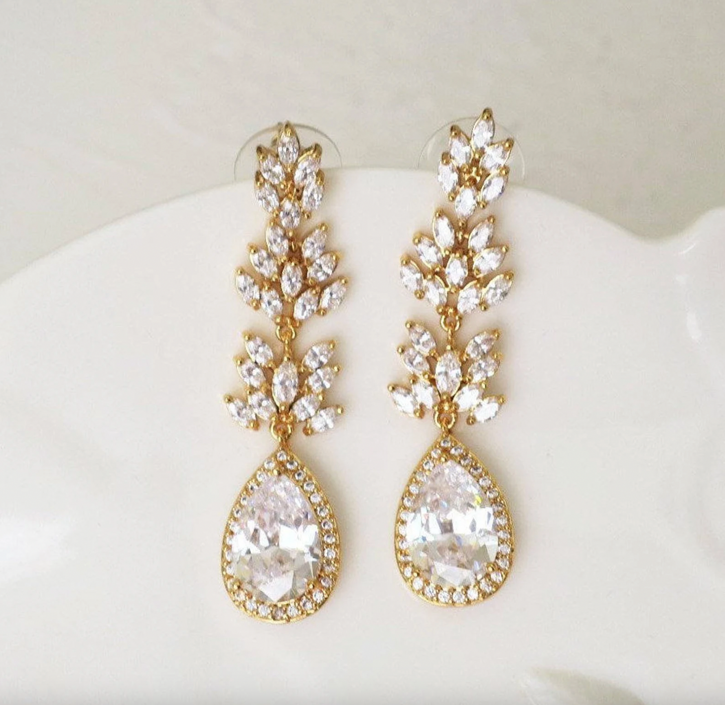 CZ gold drop earrings bride jewelry