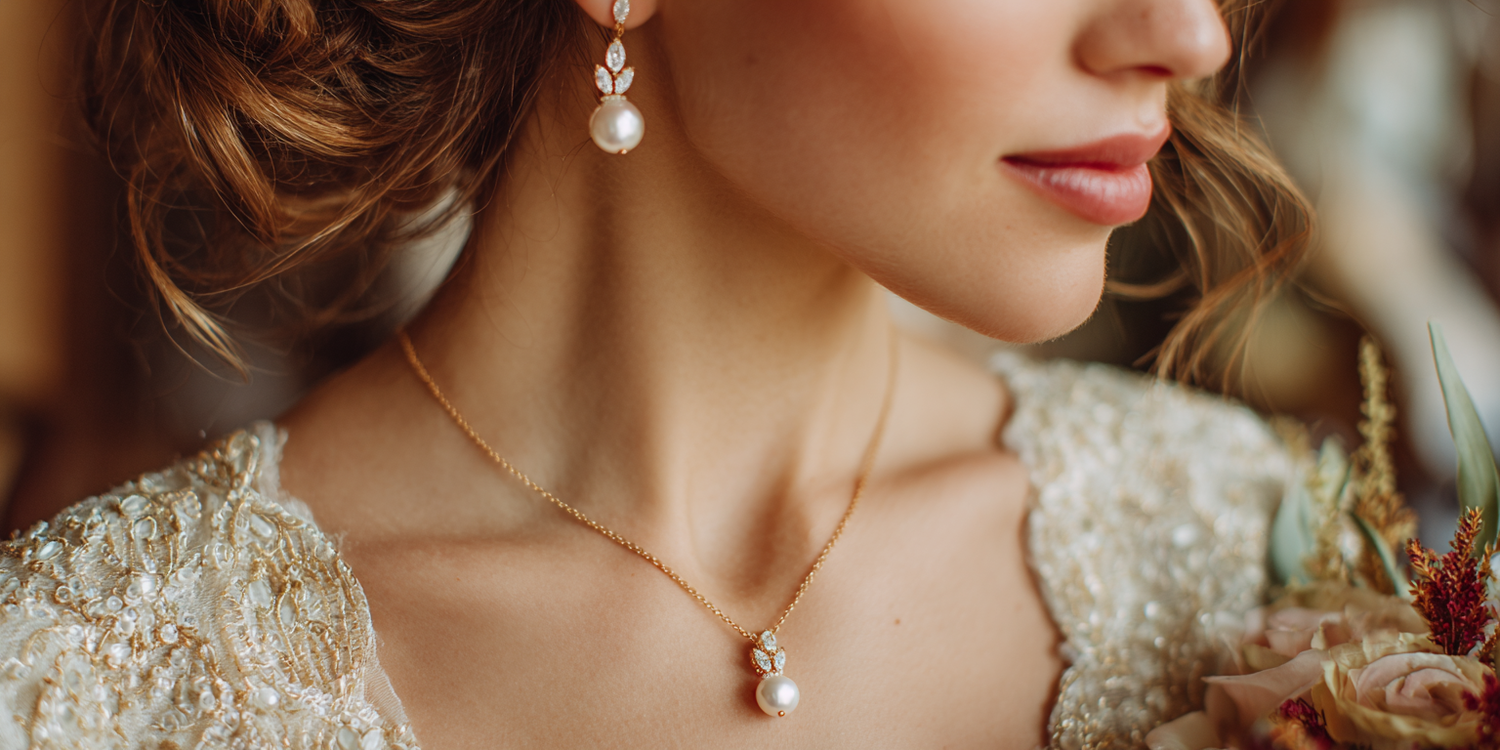 Close-up of a vintage-style bride wearing a pearl necklace and earrings for a  fall wedding