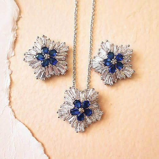 sapphire blue floral necklace and earrings set