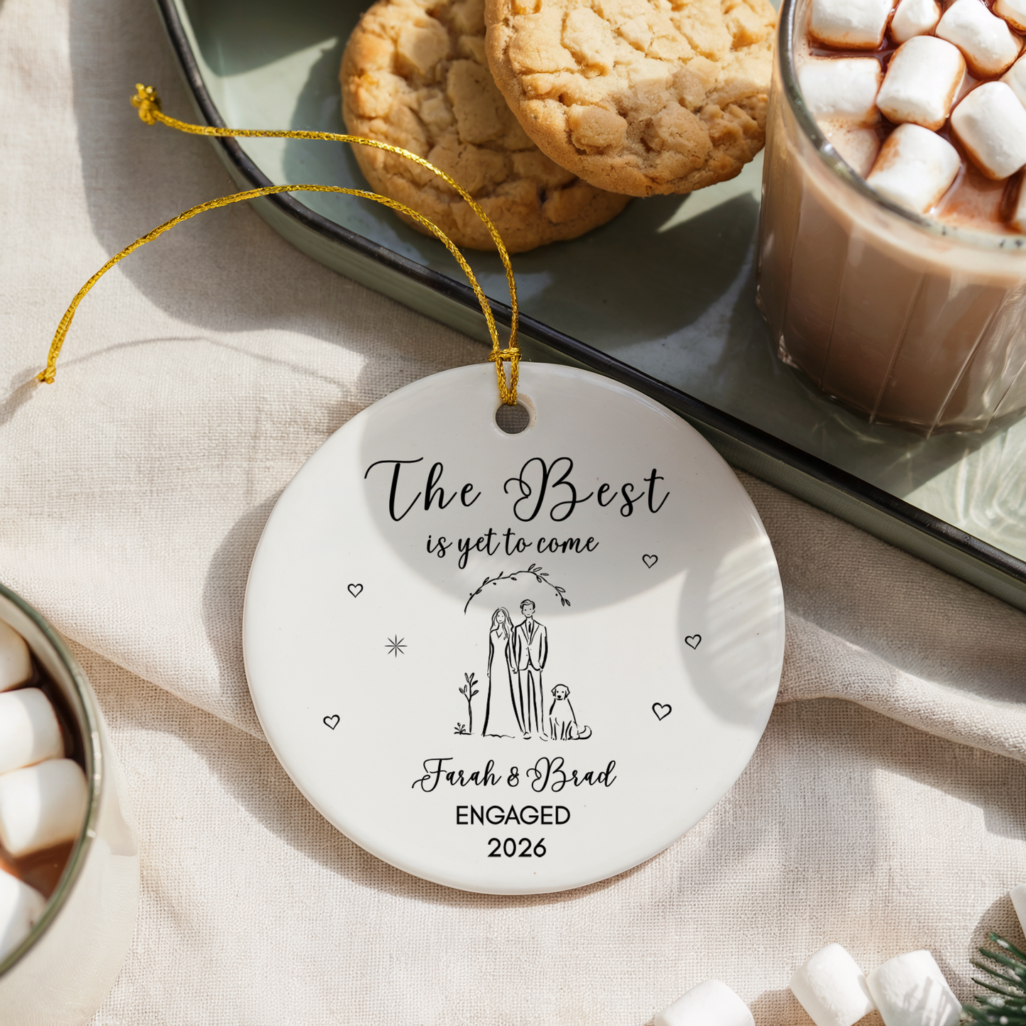 Engagement Ornament • Personalized Couple & Dog Keepsake • Custom Names & Year • Newly Engaged Gift