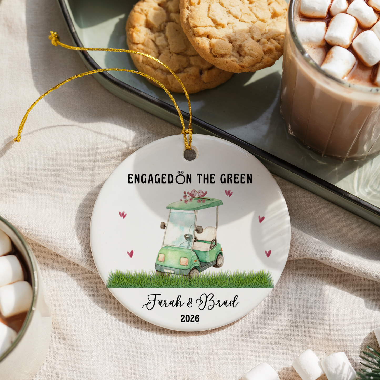 Engaged on the Green Golf Cart Ceramic Ornament — Personalized