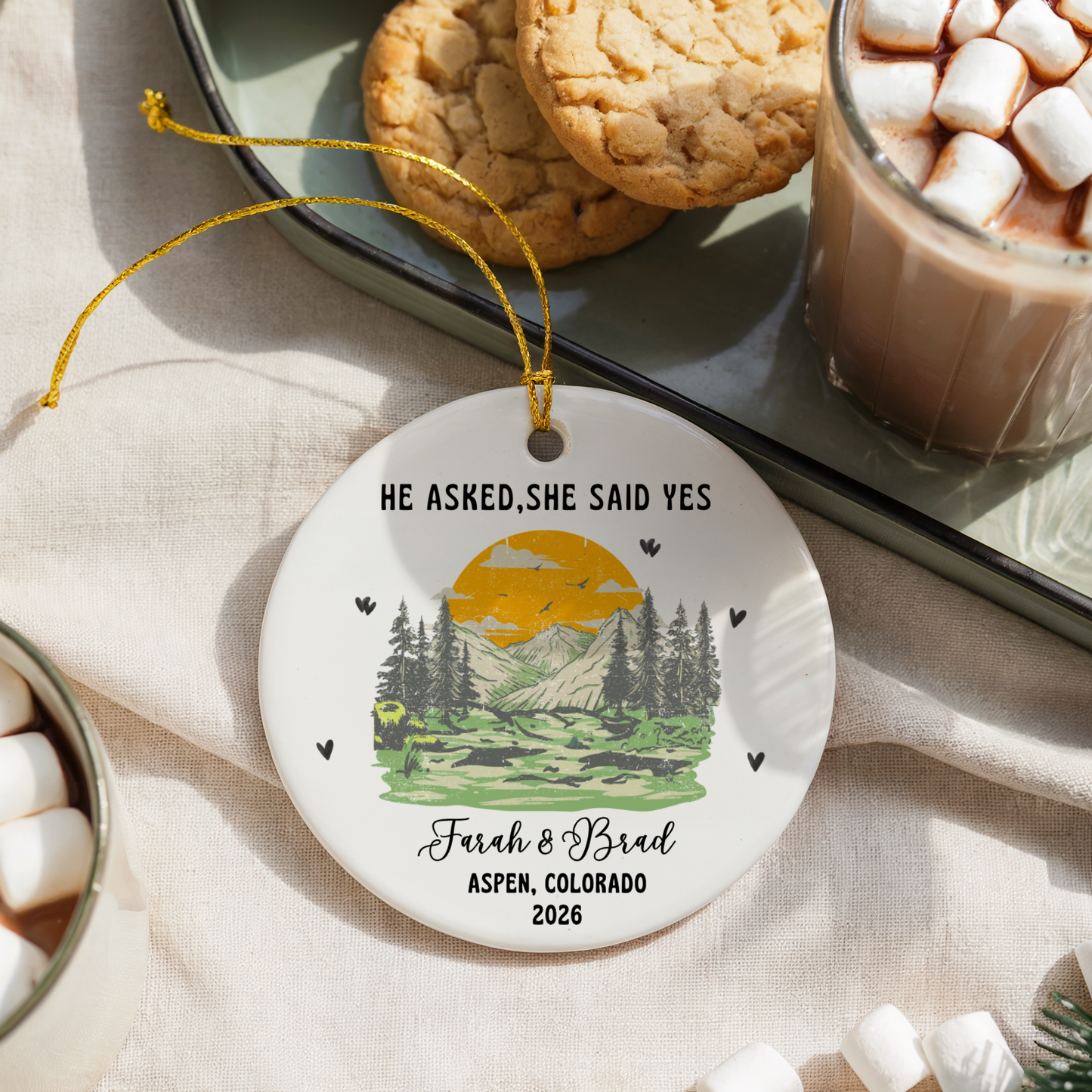 He Asked, She Said Yes — Personalized Hiking Engagement Ceramic Ornament
