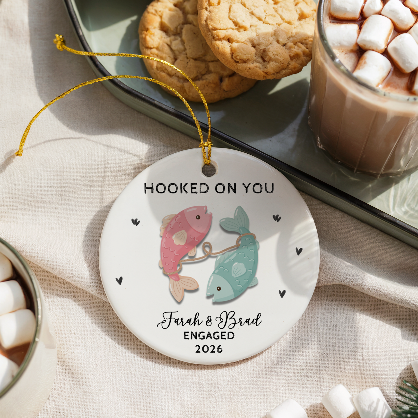 Personalized Fishing Engagement Ceramic Ornament, Hooked on You