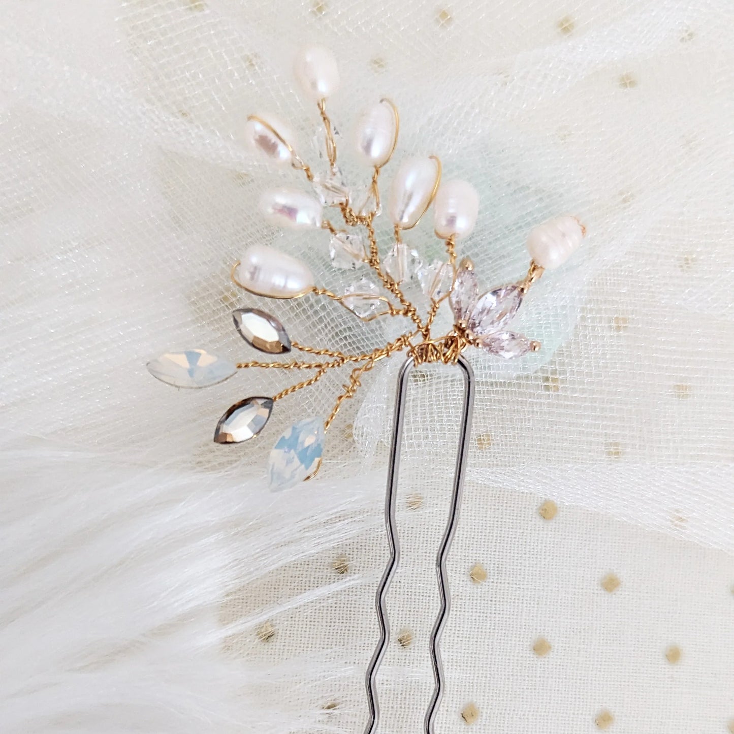 Freshwater Pearl & Crystal Leaf Hair Pin