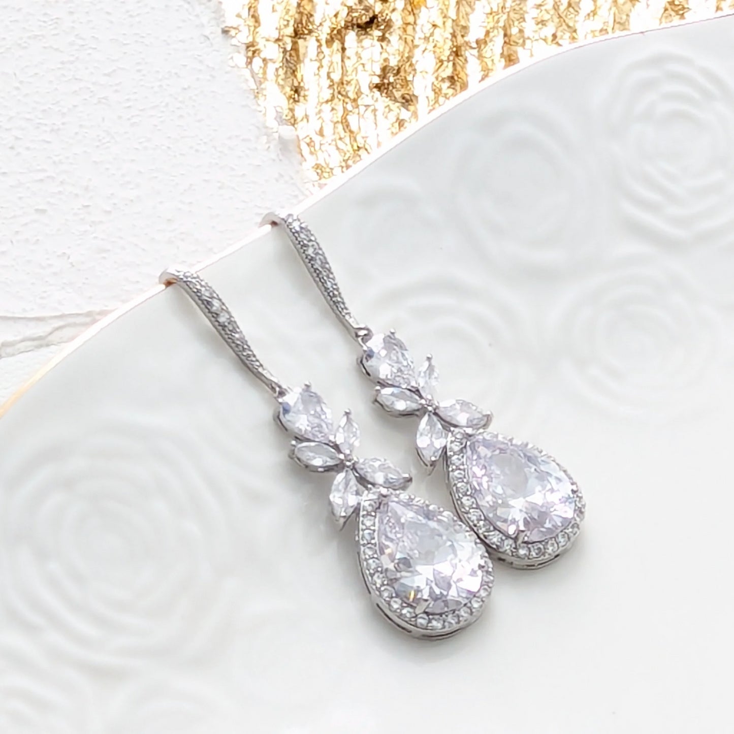 CZ Leaf and Drop Earrings