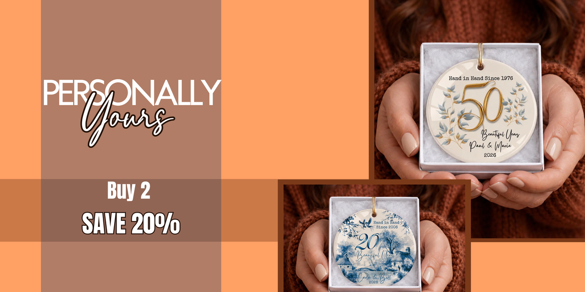 Promotional graphic for a personalized ceramic keepsake ornament. The left side features a brown and orange graphic with the text 'PERSONALLY Yours' and 'Buy 2 SAVE 20%'.