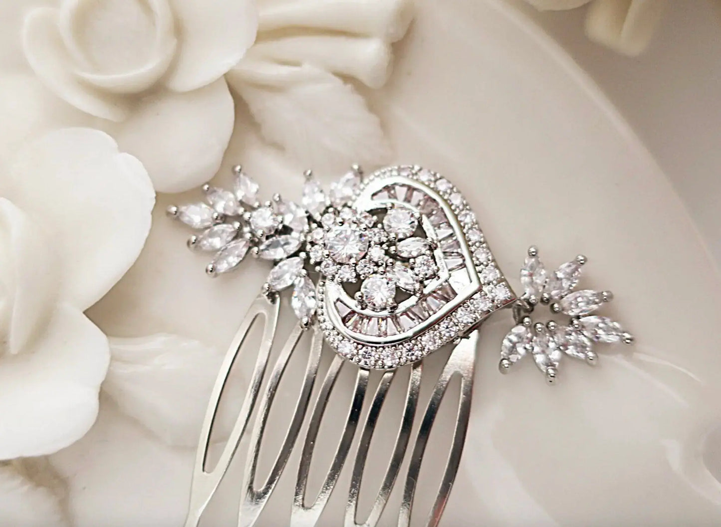 Gold Wedding Hair Comb with Crystal Leaves and Heart - JazzyAndGlitzy