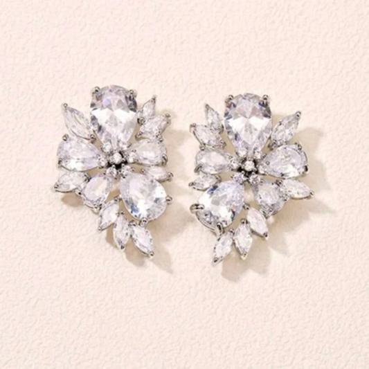 Stunning flower leaf-shaped stud earrings with AAA+ Cubic Zirconia for bridal elegance