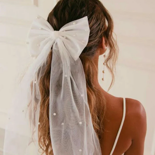 Pearl embellished tulle hair bow with barrette