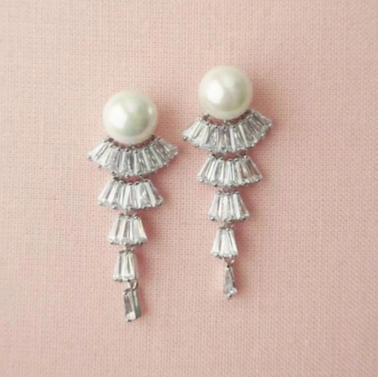 CZ fan shape baguette pearl earrings for Art Deco style wedding