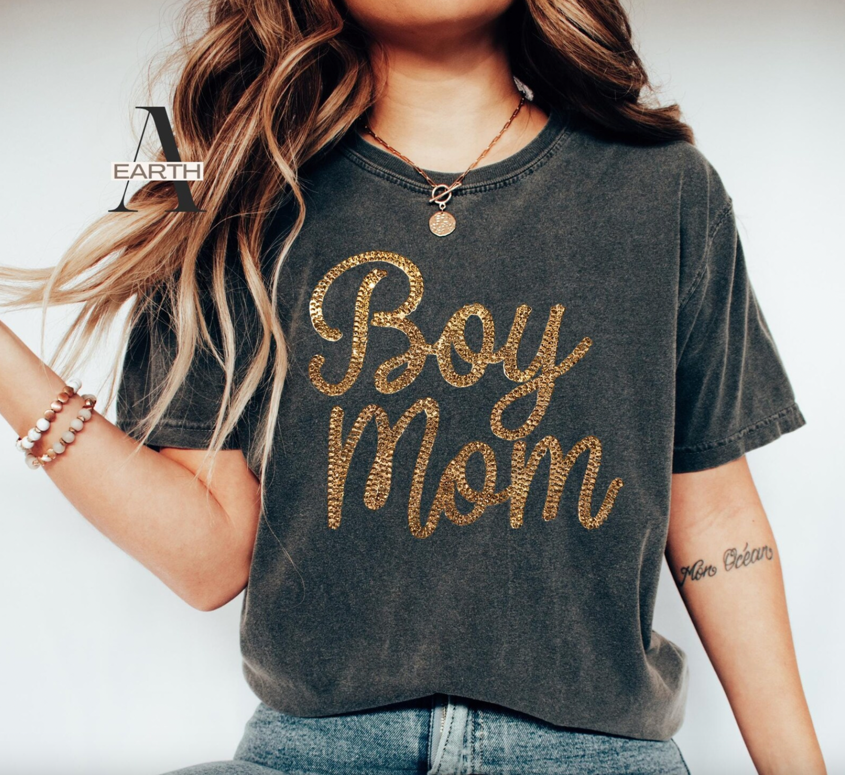 gold rhinestone print boy mom shirt comfort colors