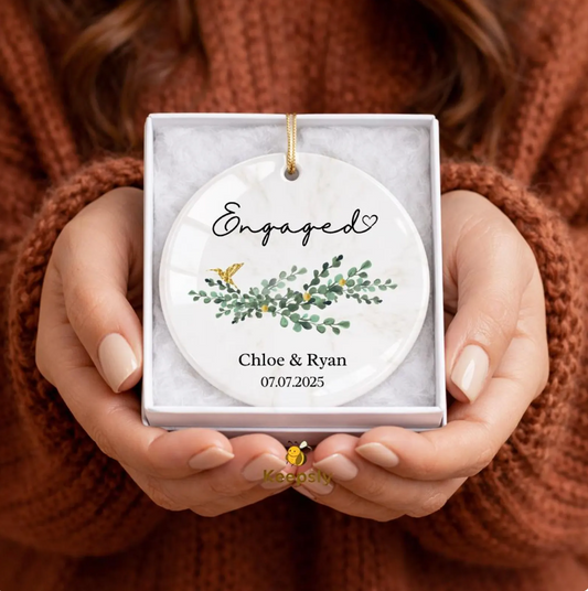 Personalized Engagement Ceramic Ornament: Eucalyptus Design, Custom Names & Date