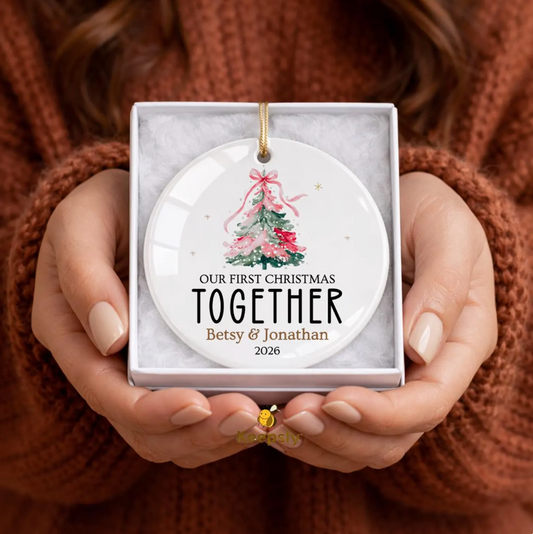 Personalized First Christmas Together Ceramic Ornament: New Couple Keepsake Porcelain Finish