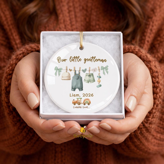 Personalized Baby Boy Ceramic Ornament, Little Gentleman Pregnancy Announcement Keepsake, Coming Soon 2026