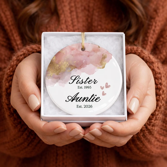 Personalized Sister Auntie Christmas Ceramic Ornament, Pregnancy Announcement Keepsake Promoted to