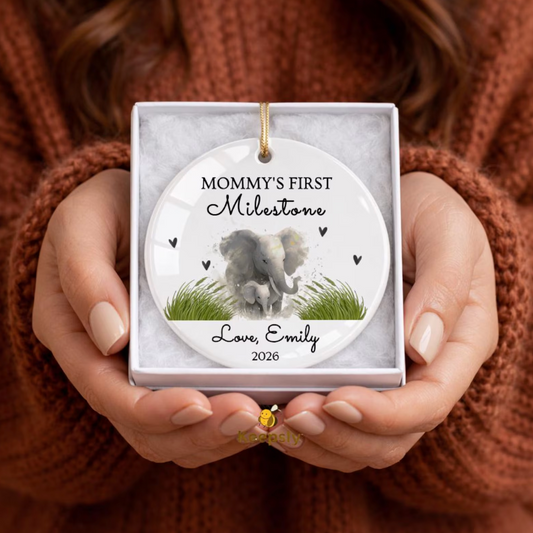 Elephant Mommy First Milestone Keepsake Woodland Ornaments New Mother Gift Ceramic  Tag