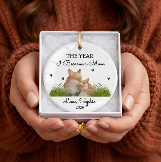 Personalized Fox Mother's Day Ceramic Ornament, First Time Mom Keepsake, Watercolor Baby Fox Gift