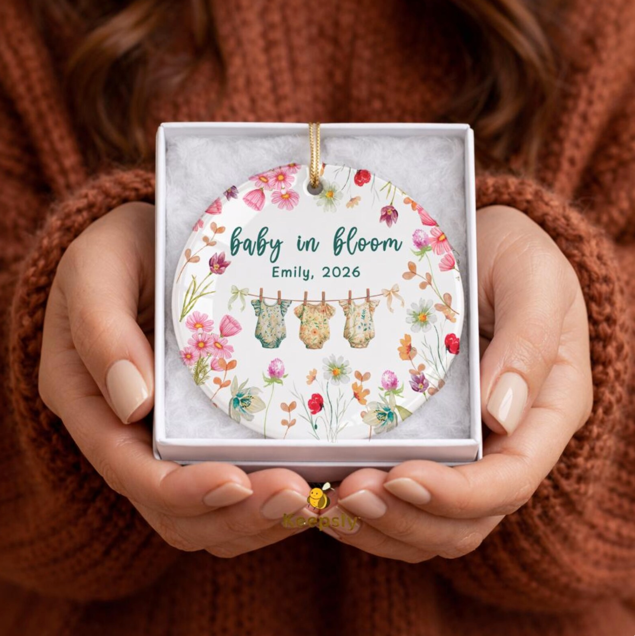 Baby in Bloom Ceramic Ornament, Floral Pregnancy Keepsake, Personalized New Baby Gift, Wildflower Nursery Decor