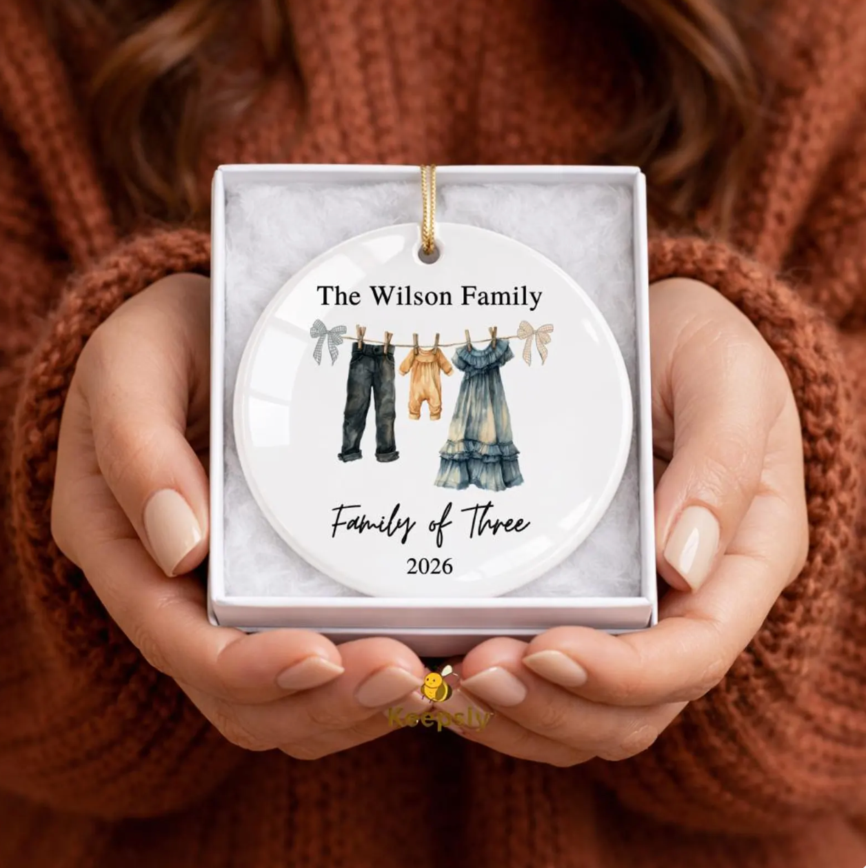 Boho Family of Three Ceramic Ornament, Baby on the Way Keepsake, Personalized New Baby Announcement 2026