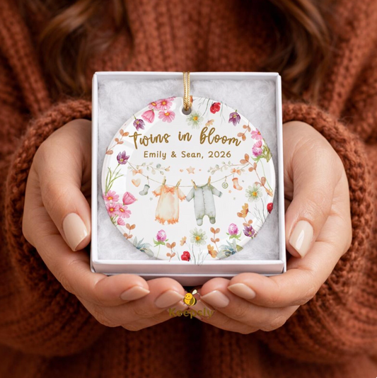 Personalized Twins in Bloom Ceramic Ornament, Floral Twin Pregnancy Keepsake, Baby Names Due Date