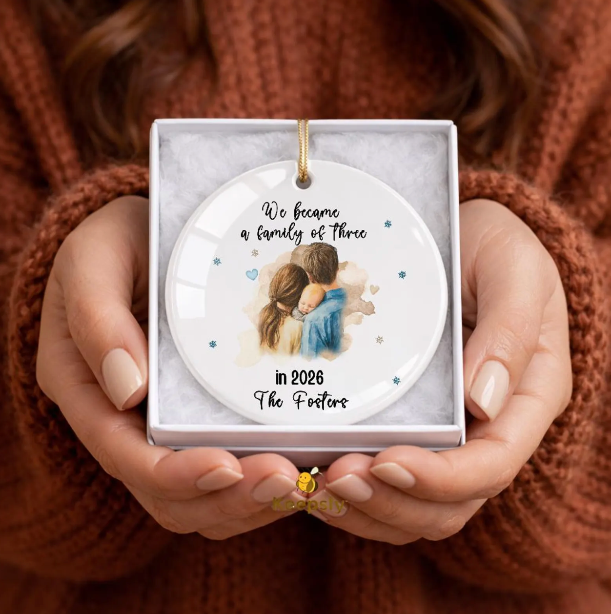 We Became a Family of Three Ceramic Ornament 2026, Personalized New Baby Keepsake