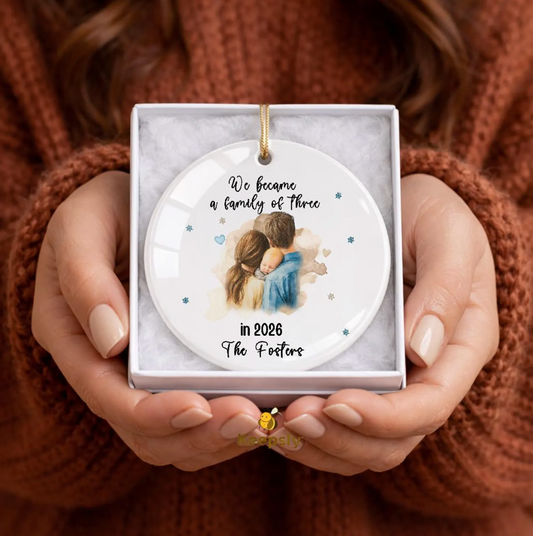 We Became a Family of Three Ceramic Ornament 2026, Personalized New Baby Keepsake