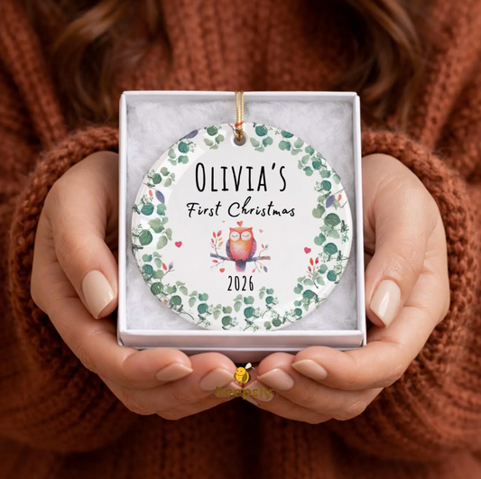 Owl Christmas Ceramic Ornament, Kids Ornament, Personalized Porcelain Baby Girl Keepsake
