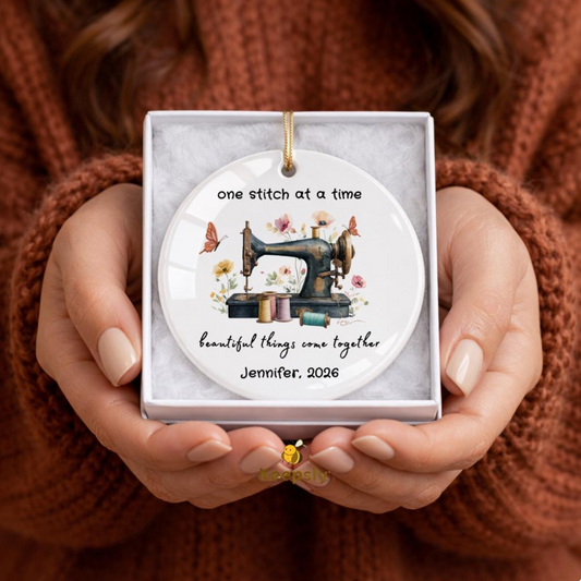 Personalized Floral Sewing Machine Ceramic Ornament • Custom Crafter Keepsake, Tailor Gift