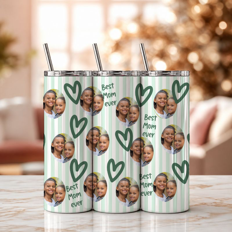 Three tumblers with a personalized design of a child and text 'Best Mom ever' on a striped background.