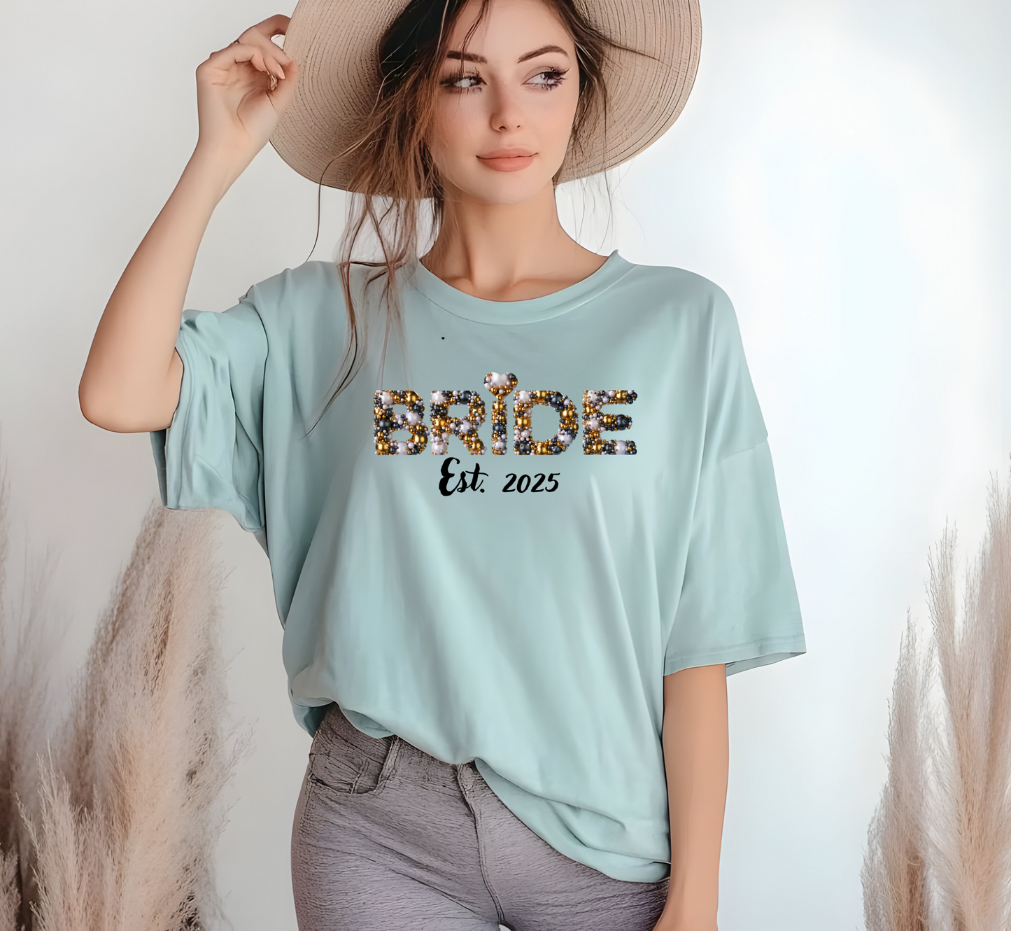 Personalized Bride Pearl Graphic Tee Dusty Blue 