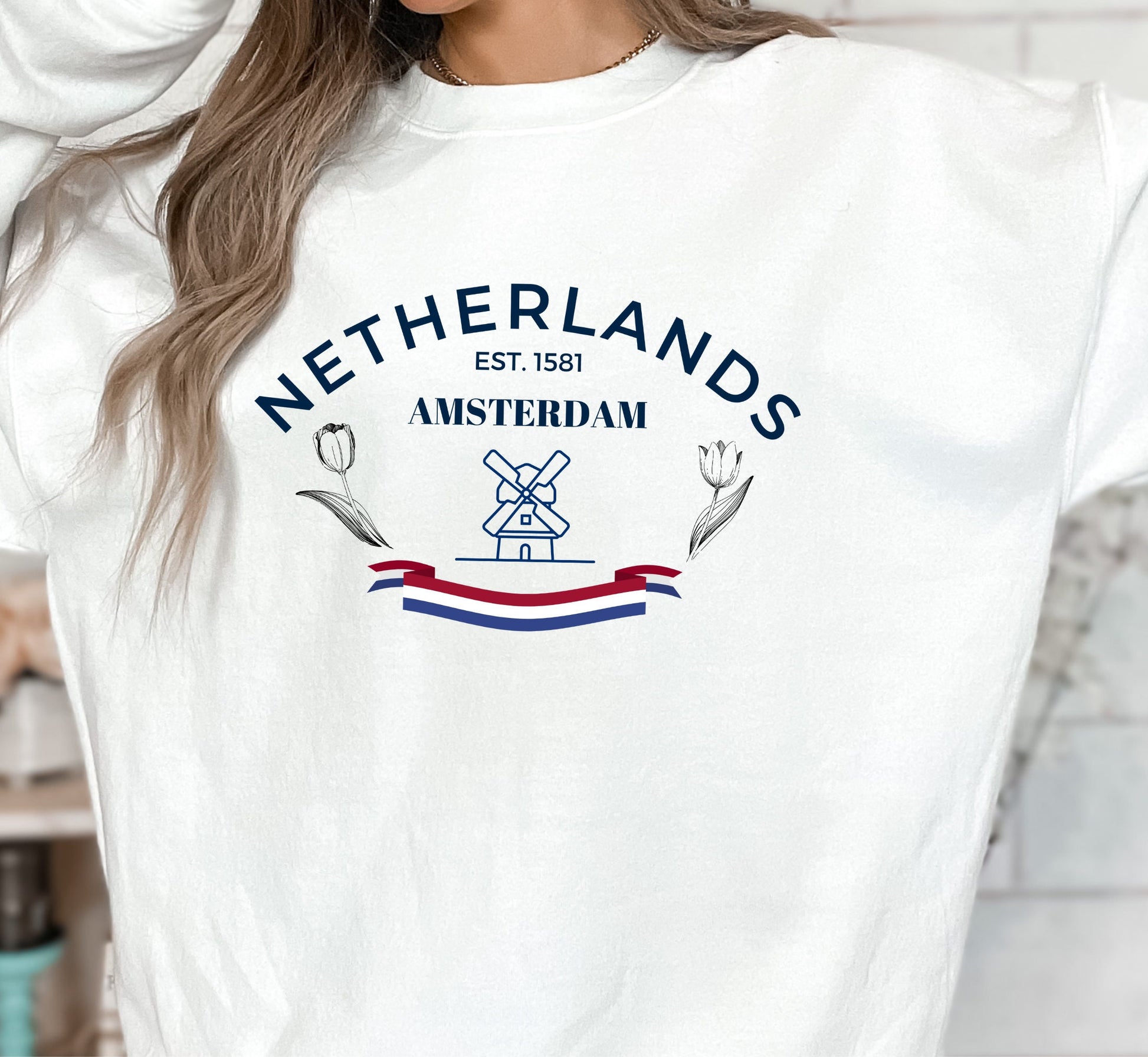 Netherlands Sweatshirt Windmill Holland Sweater Dutch Tulip Crewneck, Unisex sizing Cotton Loose Fit Oversized
