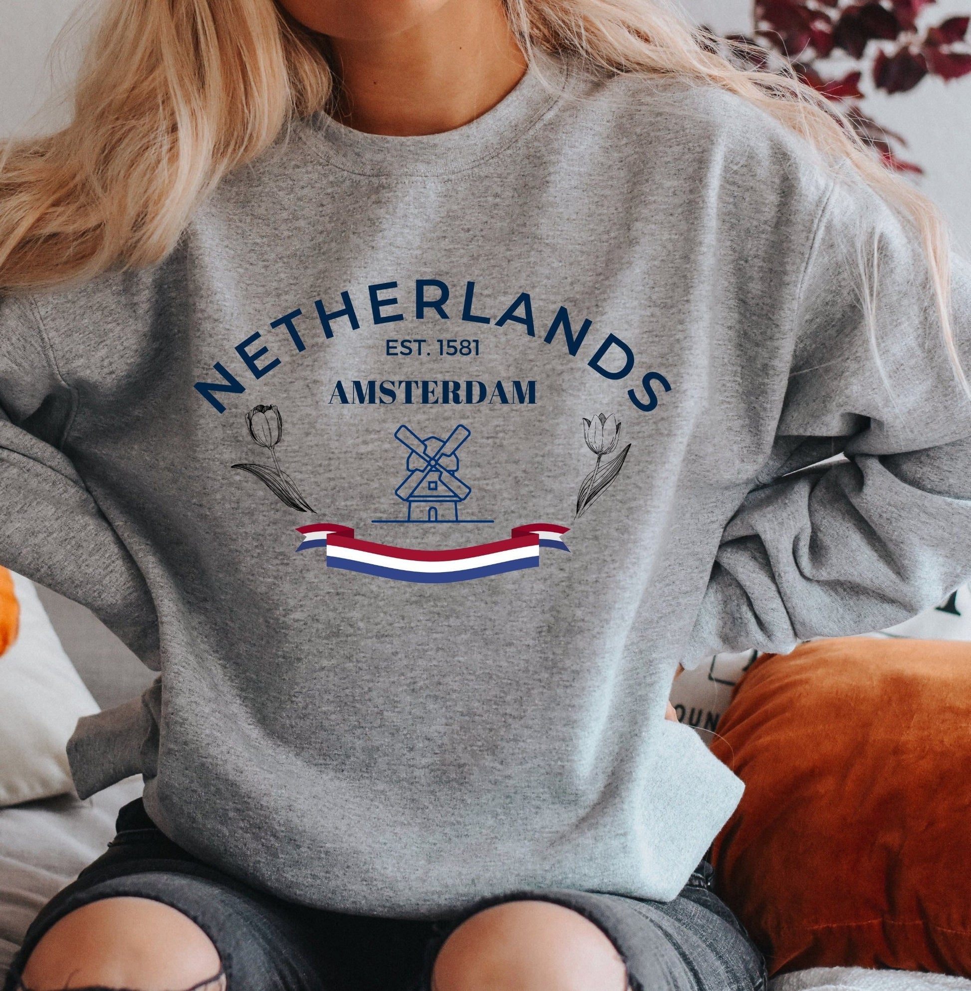 Netherlands Sweatshirt Windmill Holland Sweater Dutch Tulip Crewneck, Unisex sizing Cotton Loose Fit Oversized
