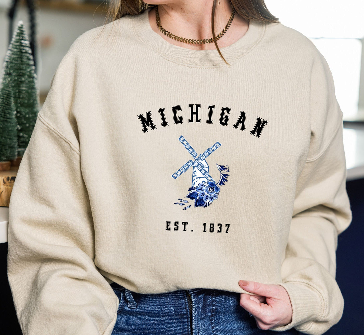 Michigan Crewneck Sweatshirt Dutch Windmill Detroit Vintage Graphic