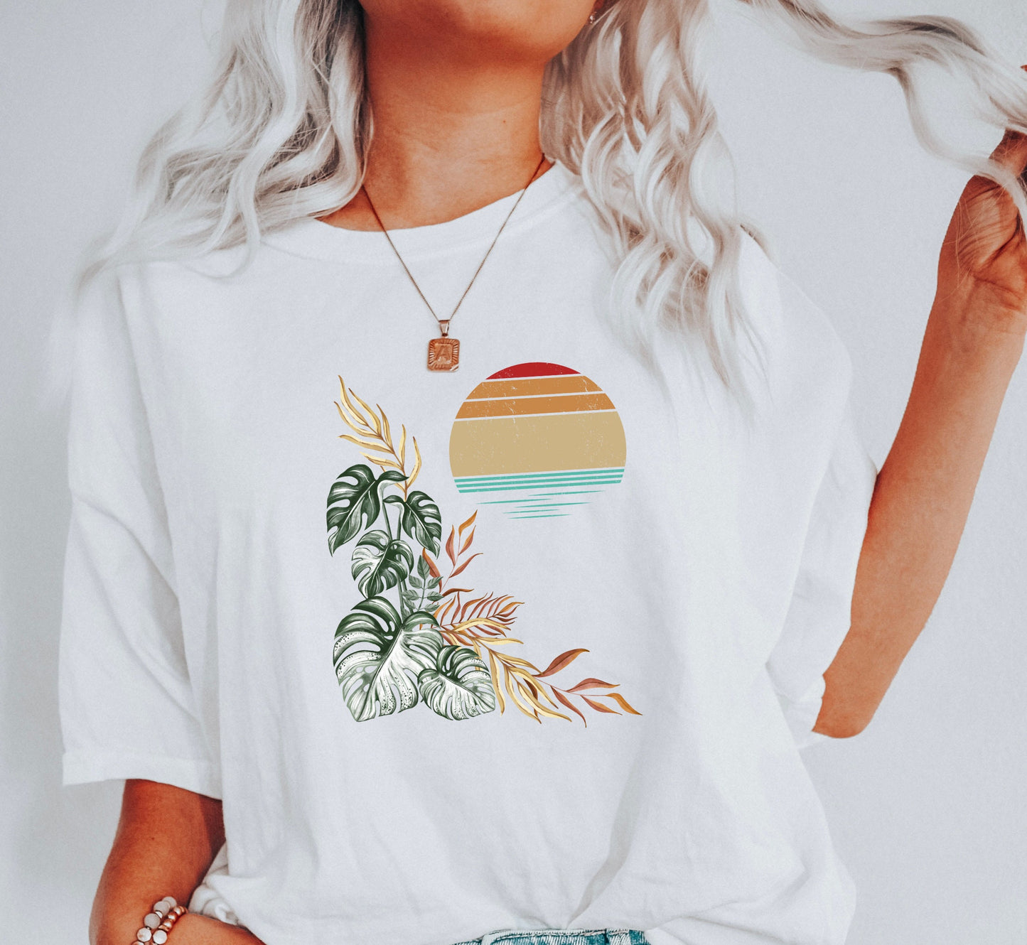 Retro Monstera Comfort Colors Shirt: Tropical Sunset Island Tee