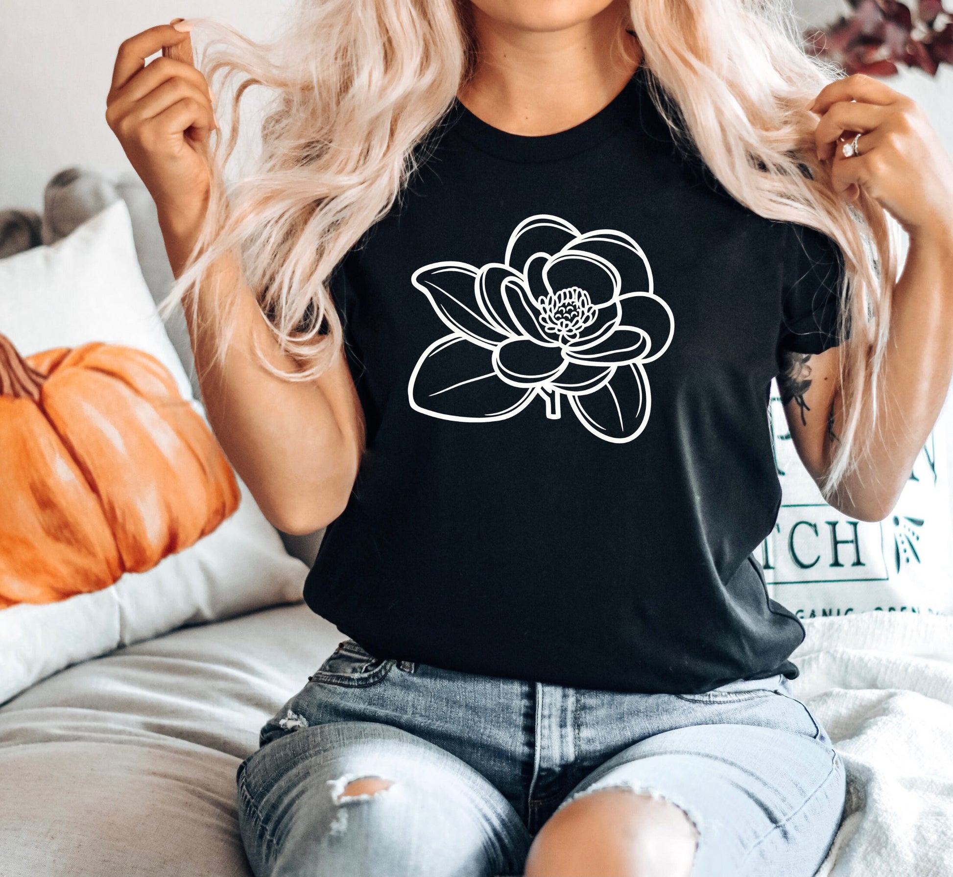 Magnolia Flower T-Shirt, EarthApex Handmade Cotton Tee