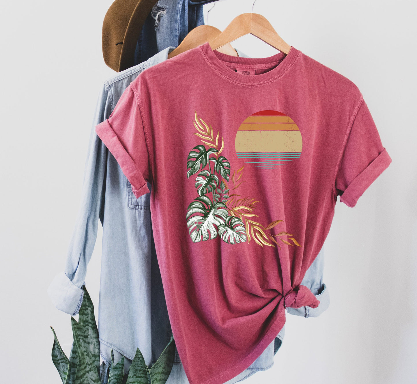 Retro Monstera Comfort Colors Shirt: Tropical Sunset Island Tee