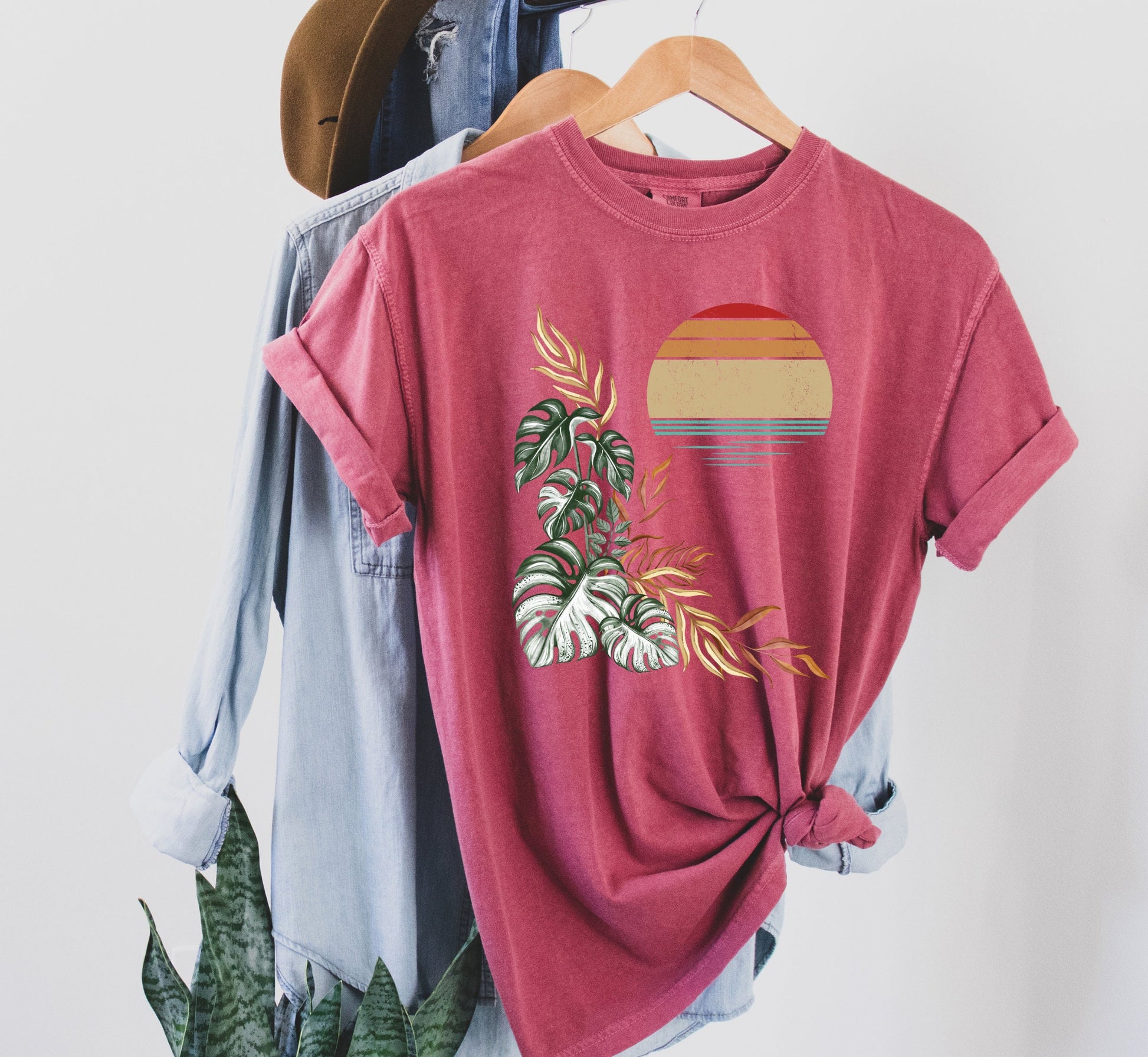 Retro Monstera Comfort Colors Shirt: Tropical Sunset Island Tee