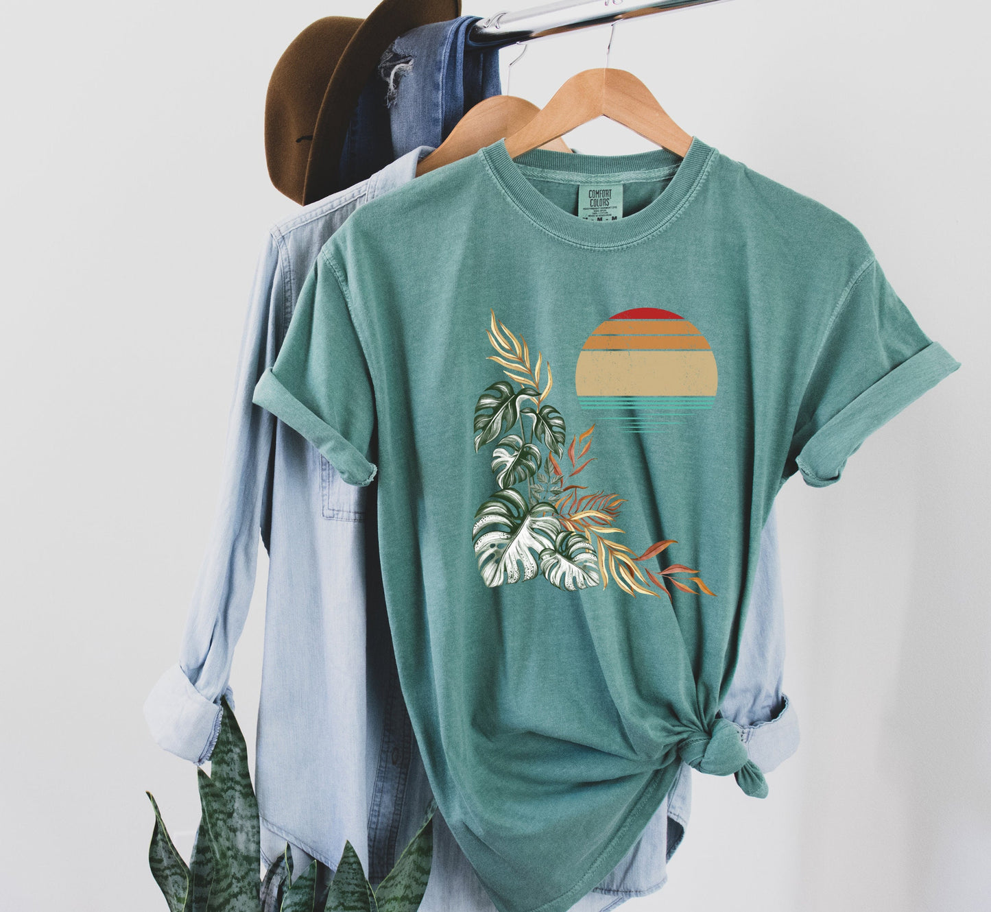Retro Monstera Comfort Colors Shirt: Tropical Sunset Island Tee