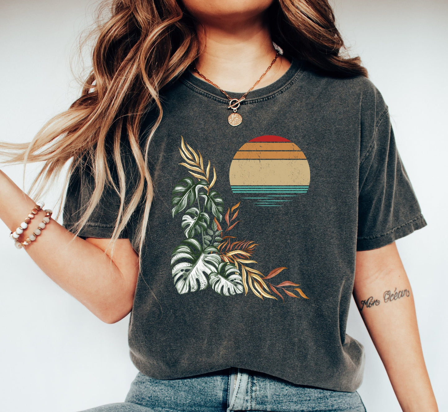 Retro Monstera Comfort Colors Shirt: Tropical Sunset Island Tee