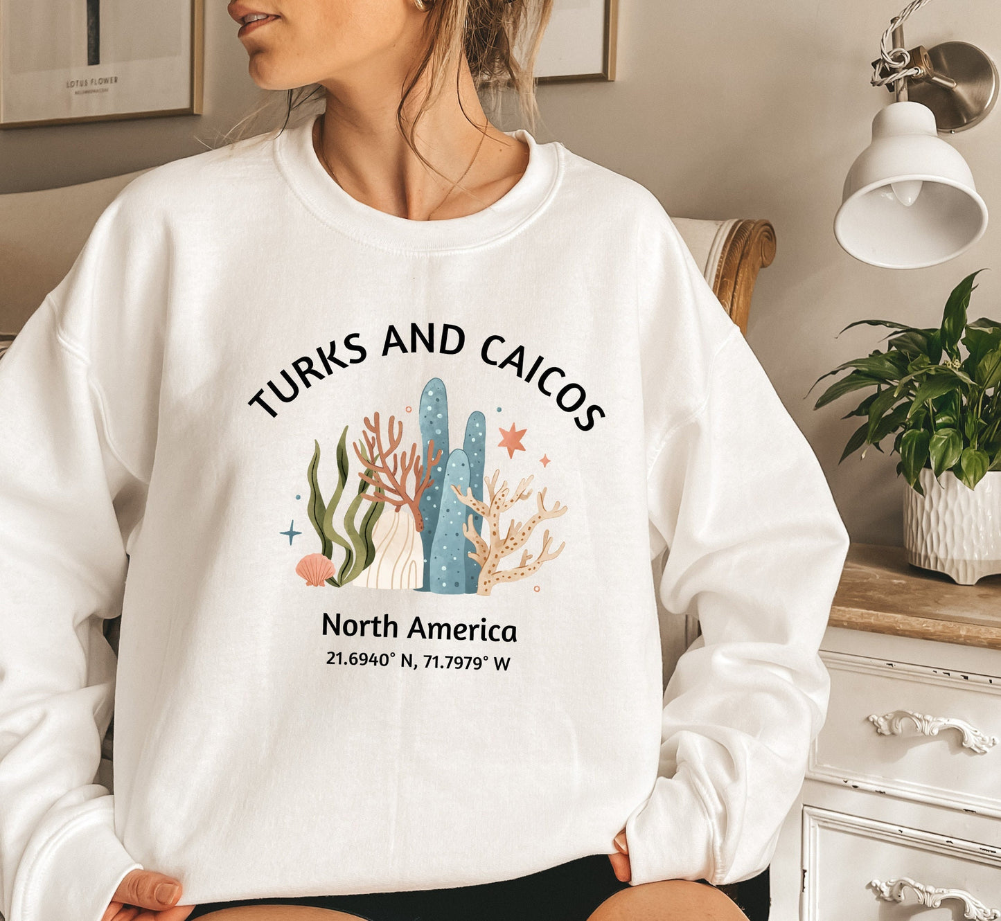 Turks and Caicos Sweatshirt: Coral Graphic Beach Crewneck