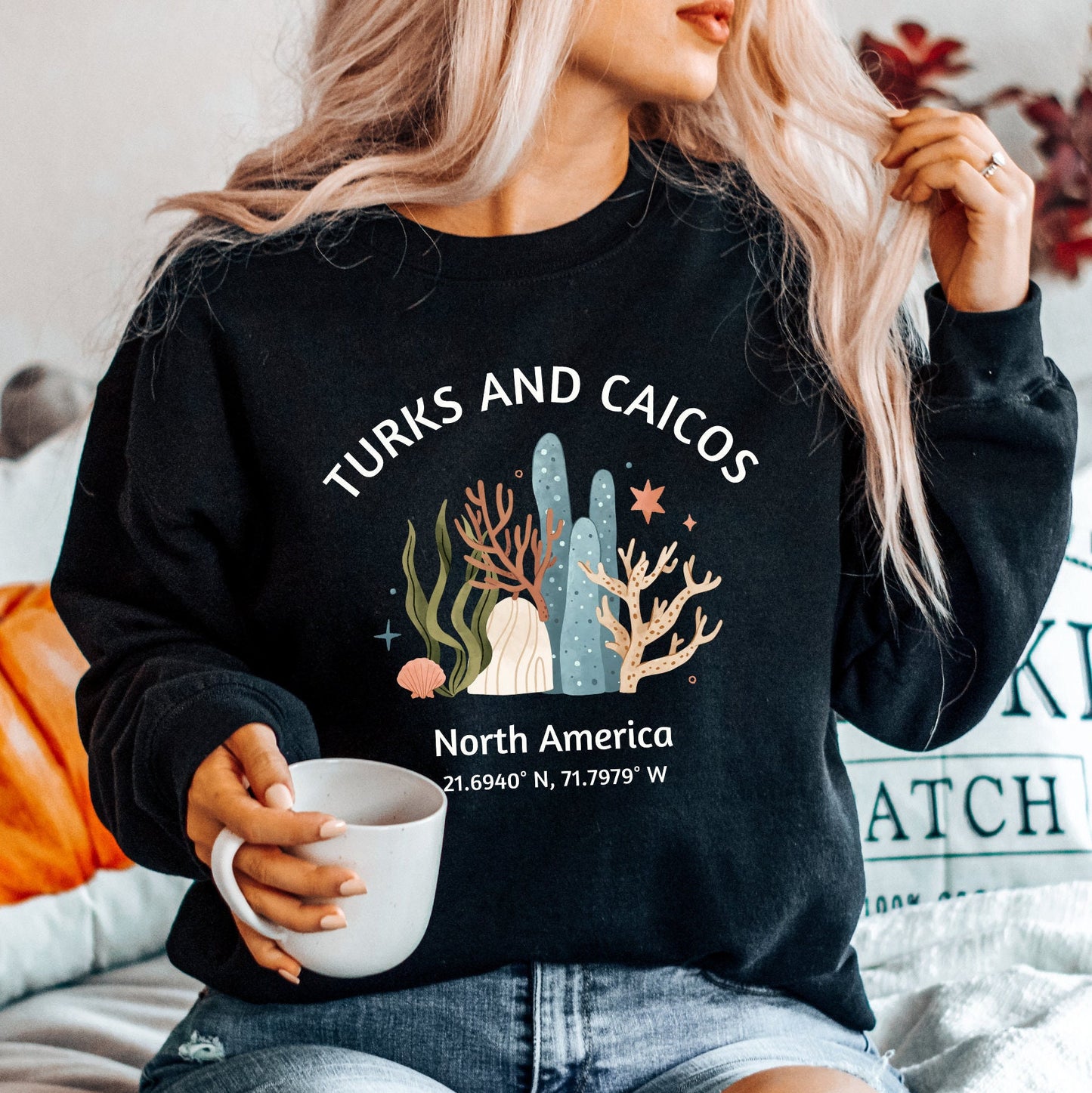 Turks and Caicos Sweatshirt: Coral Graphic Beach Crewneck