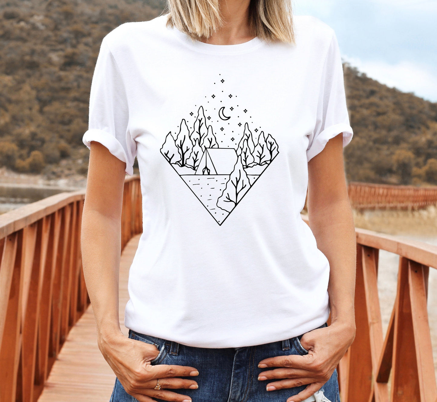 Geometric Celestial Camping Shirt: Abstract Mountain Tee - Unisex